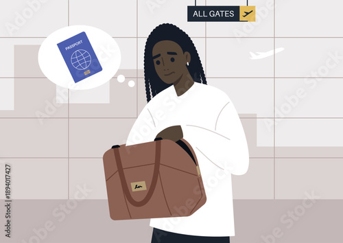 In a lively airport terminal, a traveler stressfully checks their passenger passport hidden in a brown bag, surrounded by the anticipation of upcoming adventure