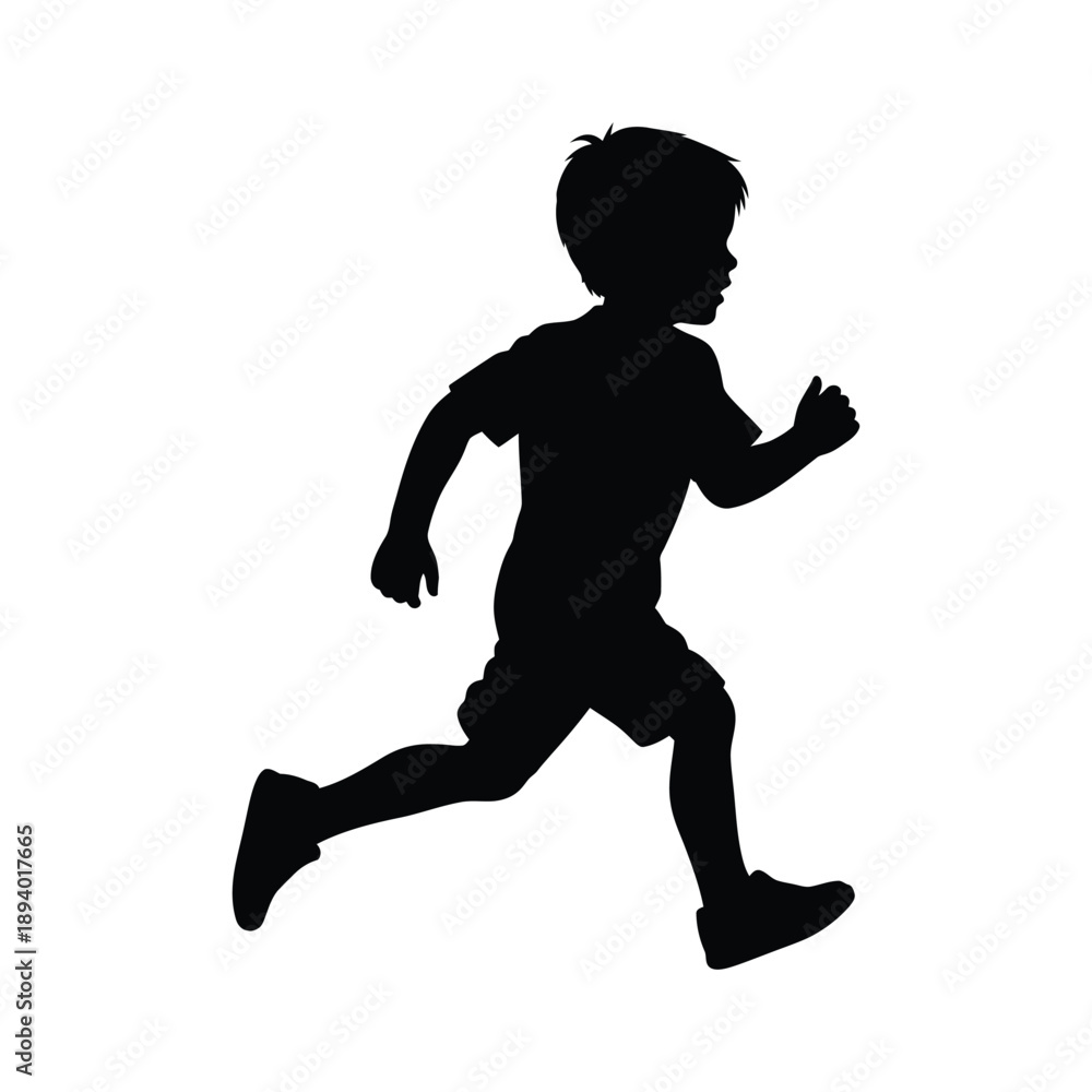 Fototapeta premium Flat minimalist black silhouette icon of a young boy running joyfully in full sprint, side profile with dynamic pose.