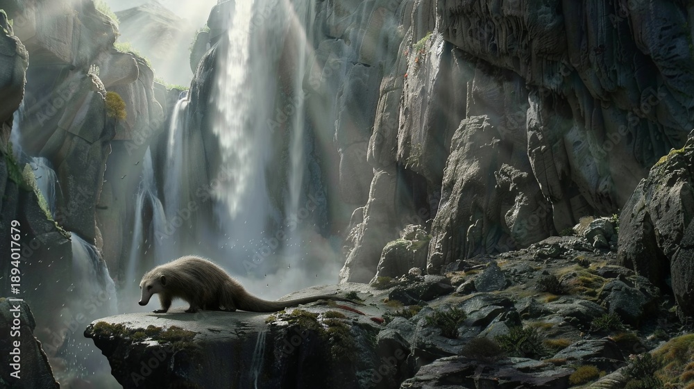 Obraz premium A furry animal gazes at cascading waterfalls in a sun-drenched canyon setting