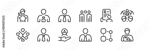 Human resource and employment icon set for business team management and corporate recruitment process thin line style vector illustration isolated on transparent background for design