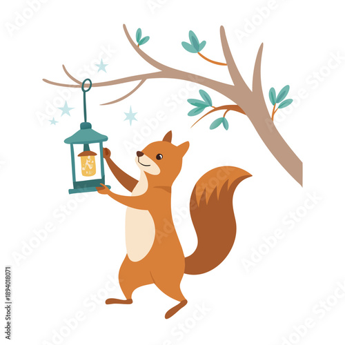 A squirrel standing on its hind legs, reaching up to light a hanging lantern on a tree branch.