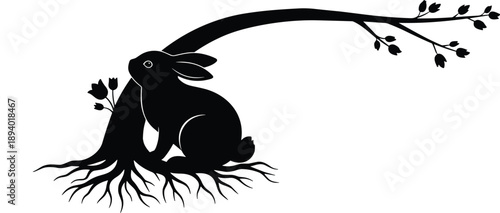 Easter sunday celebration with easter bunny sitting under a tree on easter day