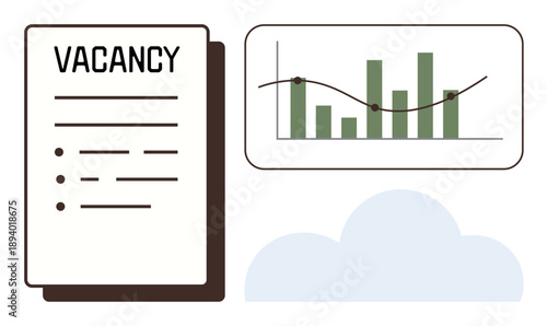 Recruitment, data analysis, job market trends, career opportunities, employment, business strategy. A vacancy document next to a chart and a cloud. Recruitment and data analysis concept