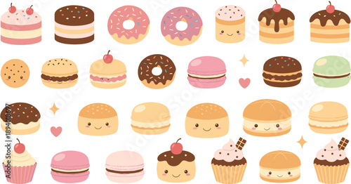 Cute dessert illustration set with kawaii donuts cakes cupcakes macarons cookies and sweet bakery treats