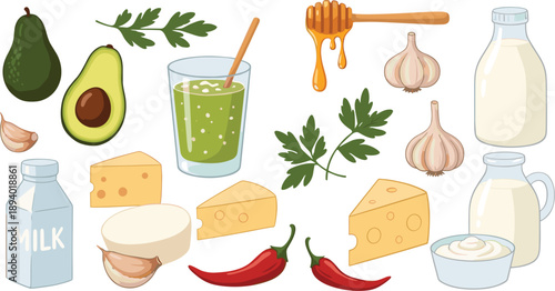 Food ingredients illustration set with avocado cheese milk honey garlic herbs chili and healthy cooking elements