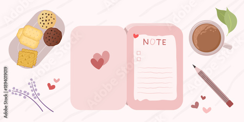 Cozy flat illustration of an open notebook with handwritten notes, pen, cookies, and a cup of coffee arranged on a soft pastel desk background.