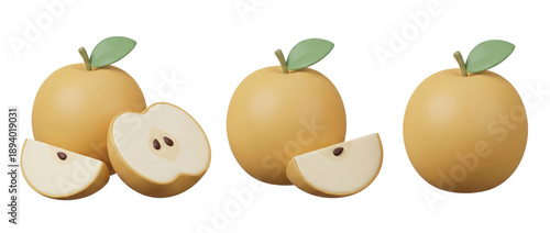 Three Yellow Pears and Slices on White Background