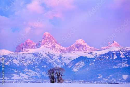 Fotografie Teton Mountain Range Idaho Side Sunset Alpen Glow in Winter Blue with Dramatic C