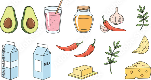 Food ingredients illustration set with avocado milk cheese honey garlic chili herbs smoothie and cooking elements