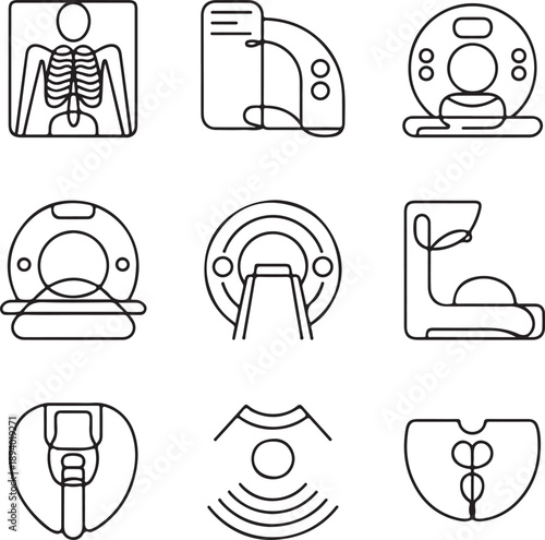 Radiology icons, mri scan, medical imaging, x-ray machine, ct scanner, healthcare technology, diagnostic equipment.