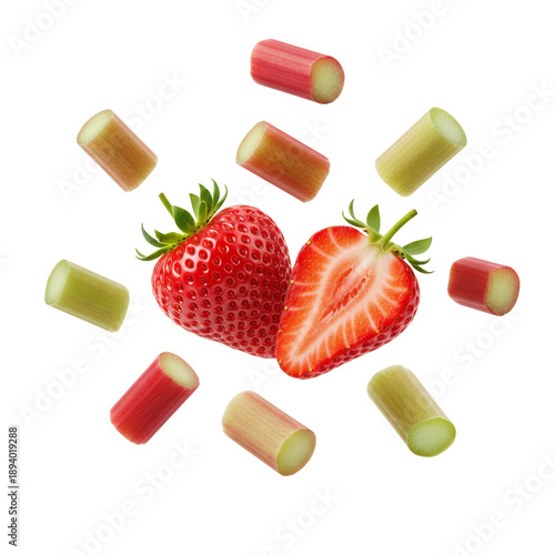 Fresh Strawberries and Rhubarb Pieces Arranged in a Circle on White Background