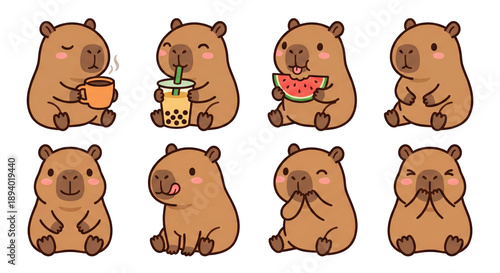 Cute Capybara Kawaii Sticker Pack: Drinking, Eating, Happy & Shy Poses
