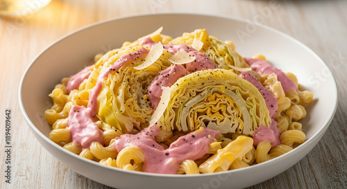 Cabbage Alfredo pasta with roasted cabbage wedges topped with creamy sauce and parmesan cheese