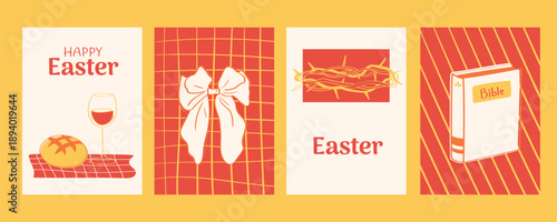 Warm Tone Easter Card Collection with Scripture Book, Crown of Thorns and Festive Meal Symbols