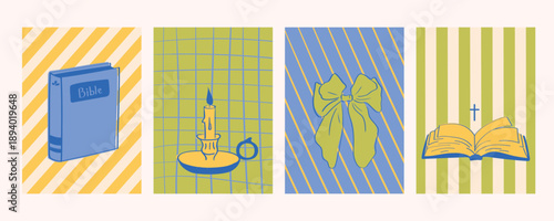 Soft Pastel Easter Cards with Bible, Candle, Ribbon Bow and Sacred Reading Motifs