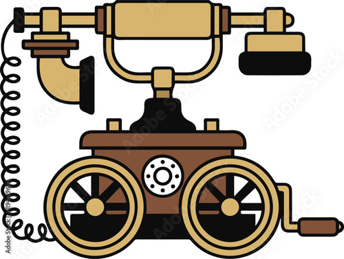 Vector illustration of a whimsical, vintage-style telephone reimagined as a wheeled carriage or vehicle.