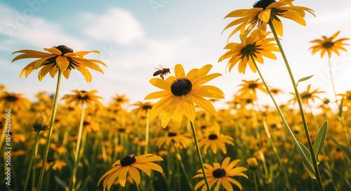 A scenic field filled with bright yellow flowers blooming under a sunny sky. A small bee visits one of the flowers in the foreground, creating a peaceful scene perfect for nature and garden themes.