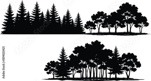 Forest tree silhouette landscape set with pine and deciduous woods, black vector nature scenery illustrations isolated on white background