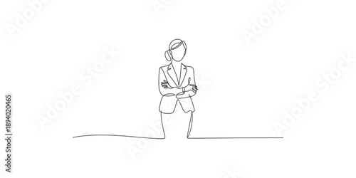 Continuous line drawing of a confident businesswoman standing with her arms crossed