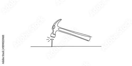 Continuous line drawing of a hammer striking a nail, representing construction or effort