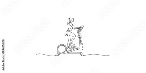 Continuous line drawing of a woman doing cardio exercise on an elliptical machine