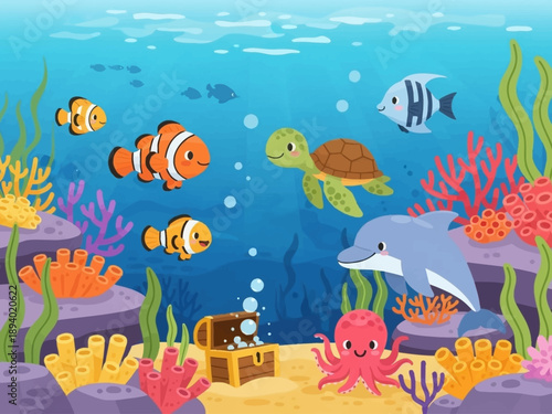 Underwater Scene with Marine Life and Treasure.