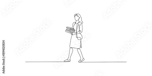 Billede på lærred Continuous line drawing of a woman walking while carrying books