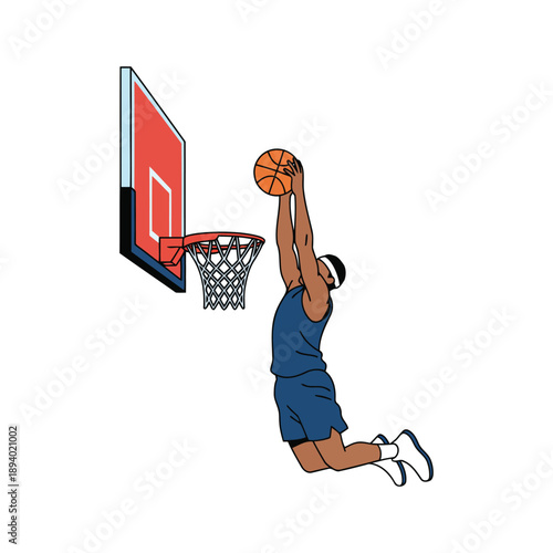 Dynamic Sports Action Graphic Featuring Basketball Player and Hoop Backboard