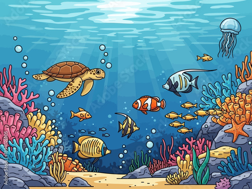 Colorful Ocean Scene with Sea Turtle and Fish.