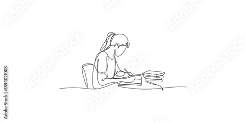 A minimalist continuous line drawing capturing a student diligently studying and writing at their desk