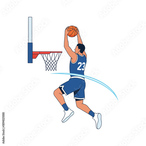 Modern Stylized Male Athlete in Midair Jump for High Energy Basketball Goal