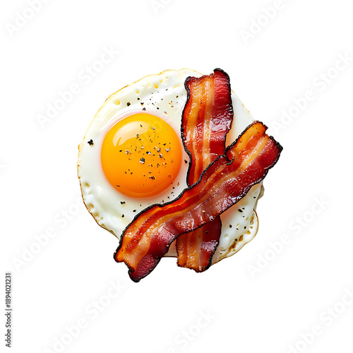 Crispy Bacon and Fried Egg Delight: A top-down shot of a golden fried egg with a rich, vibrant yolk, perfectly complemented by strips of crispy bacon, creating a symphony of flavors and textures.