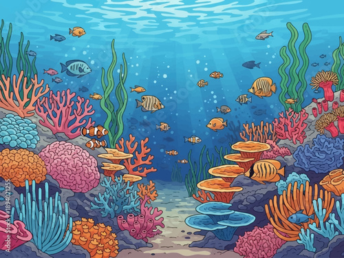 Vibrant Coral Reef with Diverse Fish.