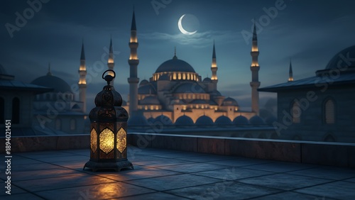 A beautifully ornate Islamic lantern casts its warm, intricate light patterns onto a tiled floor, with the magnificent, illuminated dome and minarets of a grand mosque majestically rising under a sere