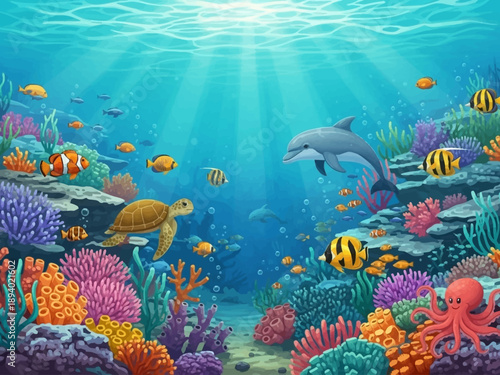 Dolphin and Turtle Swimming with Fish Underwater.