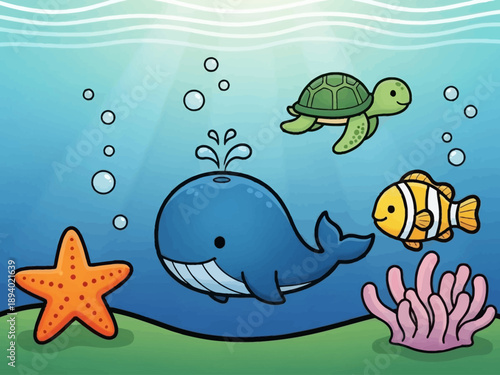 Cartoon Whale Turtle Fish Starfish Coral Underwater Scene.