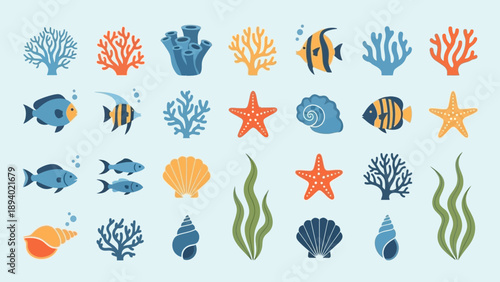 Collection of Cartoon Ocean Creatures and Plants.