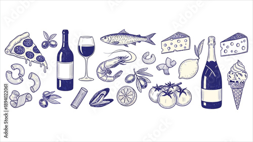  A Collection of Various Mediterranean Food and Drinks for a Family Dinner Picnic or Breakfast Hand Drawn Sketch Style Illustrations Including Wine Pizza Pasta Seafood and Olives..eps