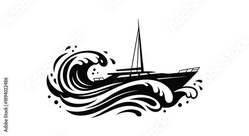 A dramatic black and white illustration depicts a ship navigating turbulent waves showcasing a striking silhouette high quality professional detailed