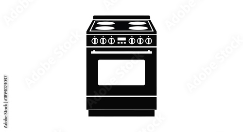 A stark black silhouette of a freestanding kitchen range with burners knobs and an oven door silhouette high quality professional