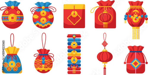 Colorful vector illustrations of Chinese New Year lucky money bags red envelopes and traditional ornaments।