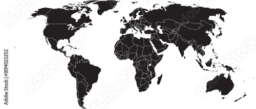 World Map Black with Country Borders Editable Vector with Waterbodies