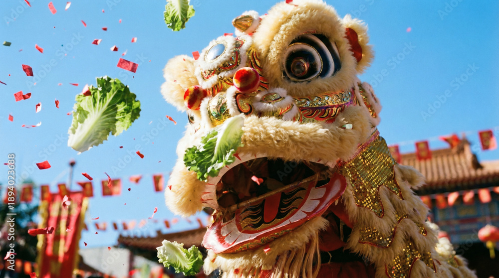 Fototapeta premium Vibrant Chinese Lion Dance Head Plucking Greens under Blue Sky