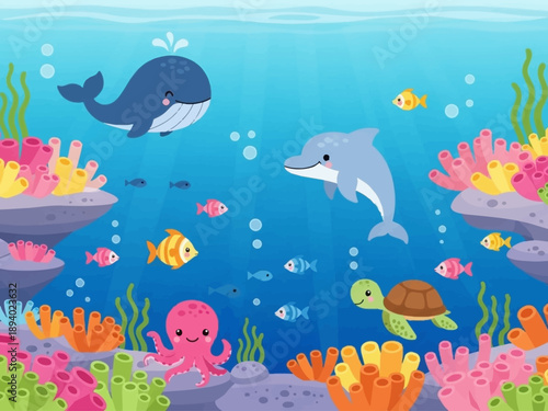 Принти на полотні Colorful Cartoon Ocean Scene with Marine Life.