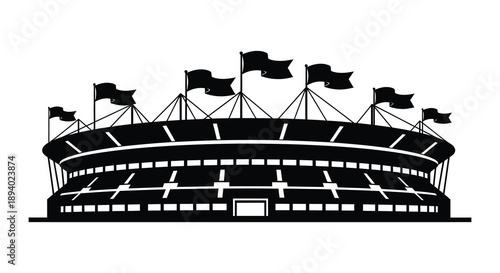 A striking black and white illustration depicts a large stadium with fluttering flags creating a bold silhouette high quality professional
