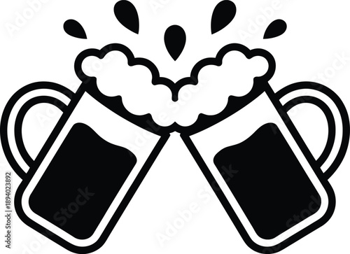 Black and white illustration of two beer glasses clinking together with foam