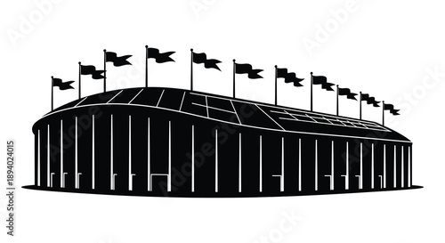 A stark black silhouette depicts a large stadium with numerous vertical supports and fluttering flags atop its rounded structure silhouette