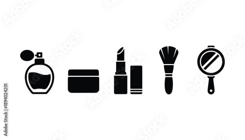 cosmetic silhouette icons, perfume bottle, cream jar, lipstick, makeup brush, minimal black solid vector icons