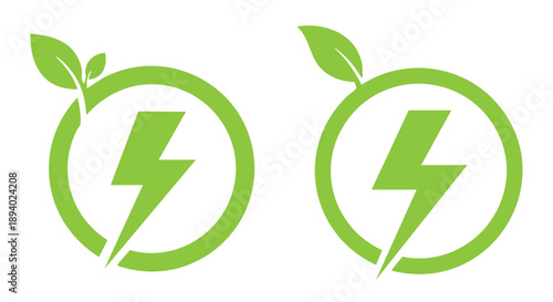 Two identical vibrant green circular icons featuring a central lightning bolt symbol encircled by a ring suggesting sustainable energy concepts and eco-friendly power solutions for modern environmenta