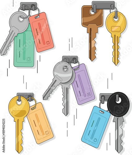 Colorful vector collection of house keys with identified tags and keyrings for property management।